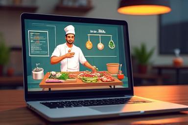 Imagine ilustrativă pentru ghidul cursurilor online Lorta-buena, arătând un ecran de laptop cu o sesiune de gătit virtuală.